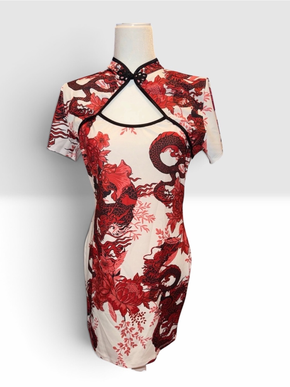 Red and White Dragon Print Cheongsam-Inspired Dress